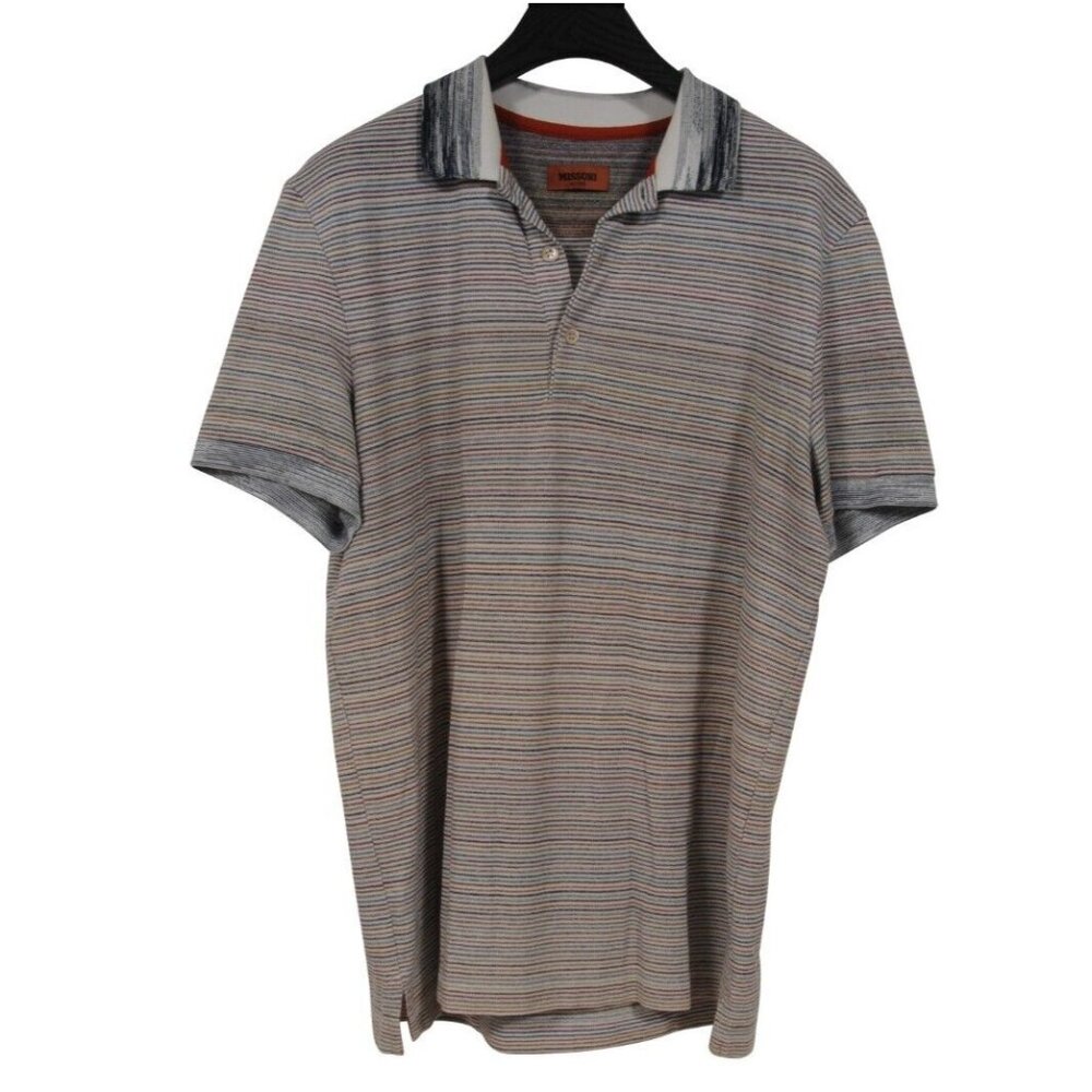 Missoni Mens Striped Polo Shirt Medium Blue White Orange Brown
